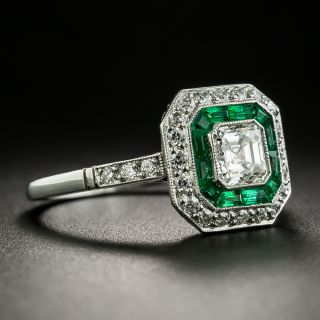 Art Deco Style .64 Carat Diamond and Emerald Engagement Ring