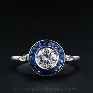 Art Deco Style .68 Carat  Diamond and Sapphire Ring