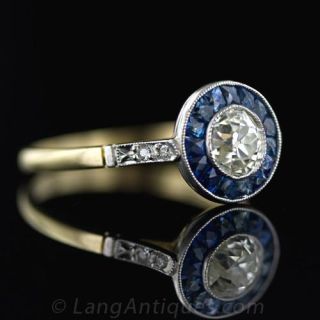 Art Deco Style .74 Carat Diamond & Sapphire Engagement Ring