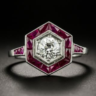 Art Deco Style .78 Carat Diamond and Calibre Ruby Engagement Ring - 1
