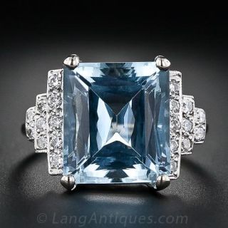 Art Deco Style Aquamarine and Diamond  Ring