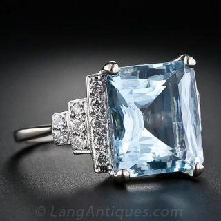 Art Deco Style Aquamarine and Diamond  Ring