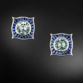 Art Deco-Style Aquamarine and Sapphire Stud Earrings - 3