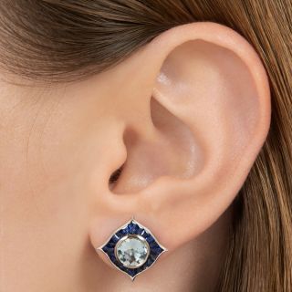 Art Deco-Style Aquamarine and Sapphire Stud Earrings