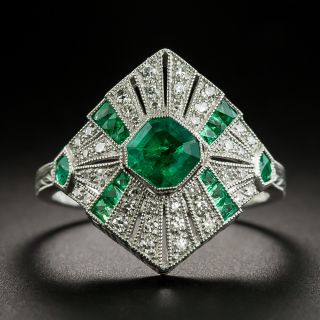 Art Deco Style Emerald Platinum Diamond Ringg - 2
