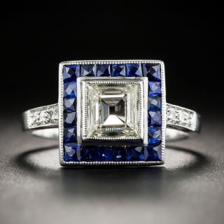 Art Deco Style Carré Cut Diamond and Calibre Sapphire Ring - 2
