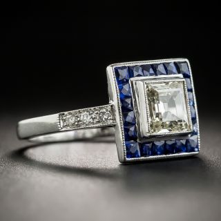 Art Deco Style Carré-Cut Diamond and Calibre Sapphire Ring
