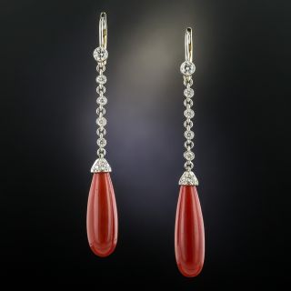 Art Deco Style Coral and Diamond Earrings - 2