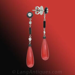 Art Deco Style Coral and Diamond Earrings