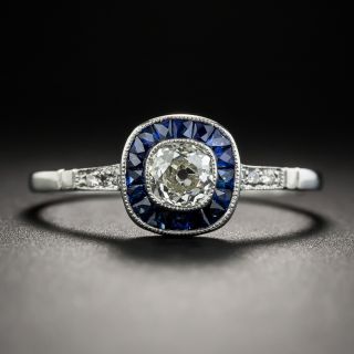 Art Deco Style Cushion-Cut Diamond and Sapphire Engagement Ring