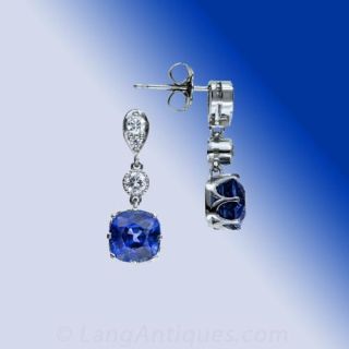 Art Deco Style Cushion Cut Sapphire and Diamond Drop Earrings