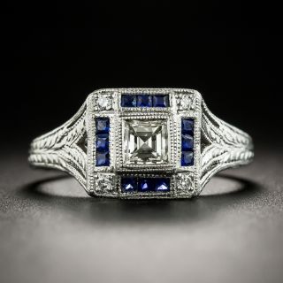 Art Deco Style Diamond and Calibre Sapphire Platinum Ring - 1