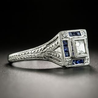 Art Deco Style Diamond and Calibre Sapphire Platinum Ring