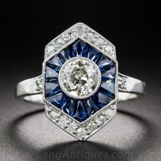 Art Deco Style Diamond and Calibre Sapphire Ring