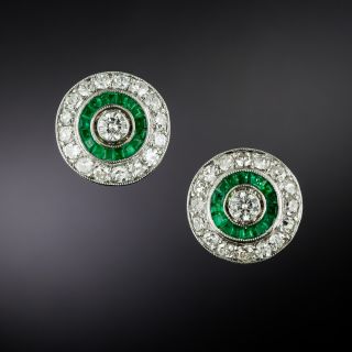Art Deco-Style Diamond and Emerald Halo Earrings - 2