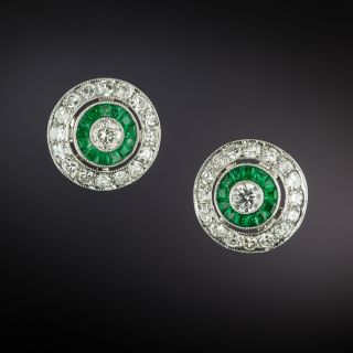 Art Deco-Style Diamond and Emerald Halo Earrings - 2