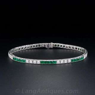 Art Deco Style Diamond and Emerald Straight Line Bracelet