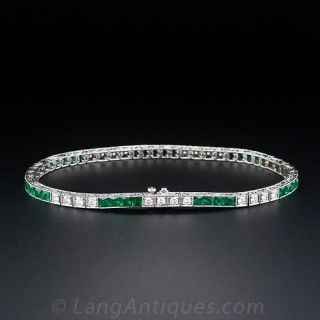 Art Deco Style Diamond and Emerald Straight Line Bracelet