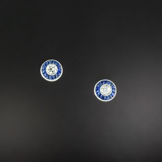 Art Deco Style Diamond and Sapphire Halo Earrings  - 2