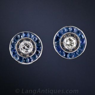 Art Deco Style Diamond and Sapphire Target Earrings