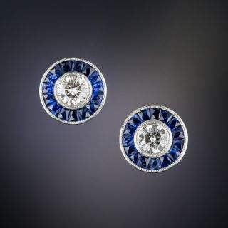 Art Deco Style Diamond Calibre Sapphire Stud Earrings - 2