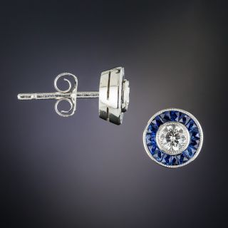 Art Deco Style Diamond Calibre Sapphire Stud Earrings