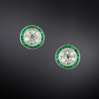 Art Deco-Style Diamond Cluster and Emerald Halo Earrings - 2