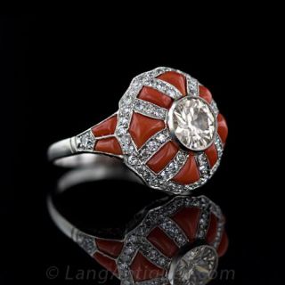 Art Deco Style Diamond & Coral Bombe Ring