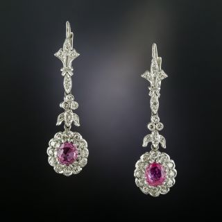 Art Deco Style Diamond Drop Earrings with Pink Sapphires - 2
