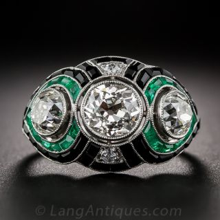 Art Deco Style Diamond, Emerald and Onyx Ring - 2