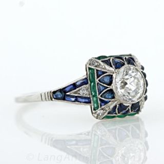 Art Deco Style Diamond, Emerald and Sapphire Ring