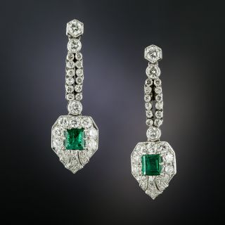 Art Deco Style Emerald and Diamond Drop Earrings - 2