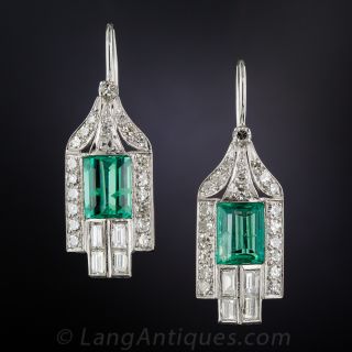 Art Deco Style Emerald and Diamond Earrings - 2