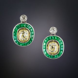 Art Deco Style Fancy Yellow Diamond and Calibre Emerald Earrings - 1