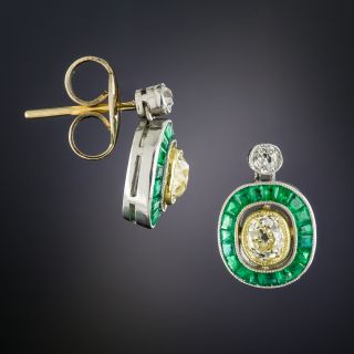 Art Deco Style Fancy Yellow Diamond and Calibre Emerald Earrings