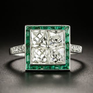 Art Deco Style French-Cut Diamond and Calibre Emerald Ring - 2