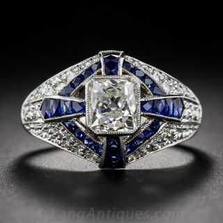 Art Deco Style GIA: G-VS2 1.26 Carat Diamond and Sapphire Ring