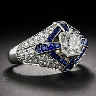 Art Deco Style GIA: G-VS2 1.26 Carat Diamond and Sapphire Ring
