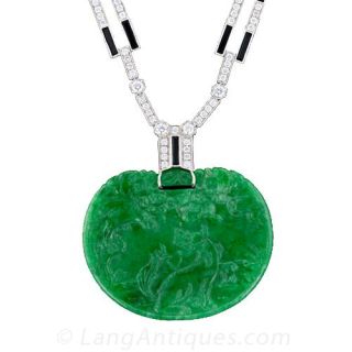 Art Deco Style Jade, Diamond and Onyx Necklace