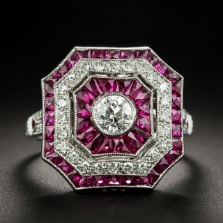Art Deco Style Octagonal Diamond and Calibre Ruby Platinum Ring - 2