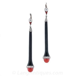 Art Deco Style Onyx and Coral Drop Earrings