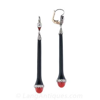 Art Deco Style Onyx and Coral Drop Earrings