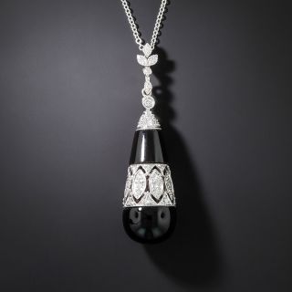 Art Deco Style Onyx and Diamond Drop Necklace - 2