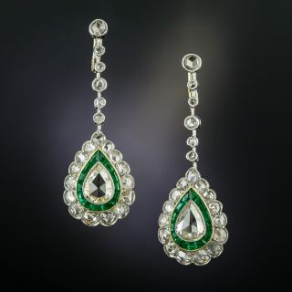 Art Deco Style Pear Shape Diamond Emerald Dangle Earrings - 2