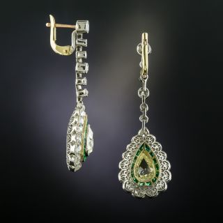 Art Deco Style Pear-Shaped Diamond Emerald Dangle Earrings