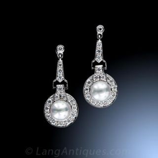 Art Deco Diamond and Pearl  Earrings 