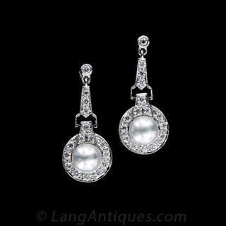 Art Deco Style Pearl and Diamond Drop Earrings