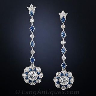 Art Deco Style Platinum, Diamond and Calibre Sapphire Drop Earrings