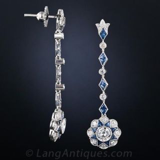 Art Deco Style Platinum, Diamond and Calibre Sapphire Drop Earrings