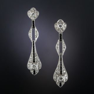 Art Deco Style Platinum Diamond and Onyx Drop Earrings - 1